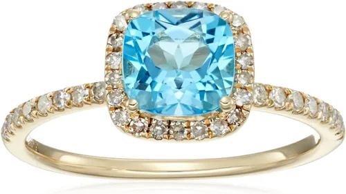 Anillo de compromiso con halo de diamantes y topacio azul suizo de oro amarillo de 10 k (14 cttw, color H-I, claridad I1-I2), talla 7, Oro amarillo,