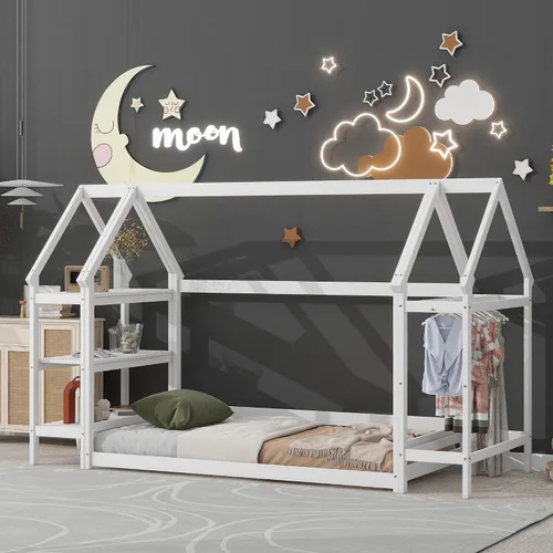 Miniatura 24 de Cama juguetona en forma de casa de tamaño matrimonial con estantes y luces, marco de cama de metal con techo para niños, adolescentes y adultos, un