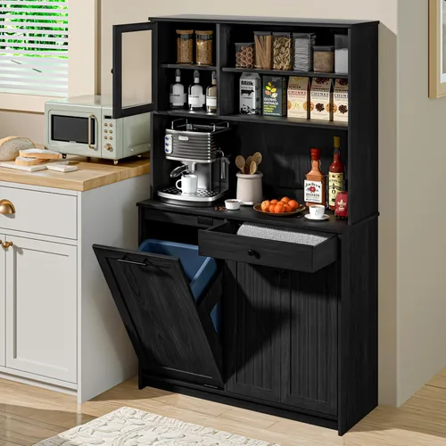 OLD CAPTAIN Armario de basura inclinable con función desodorizante, gabinete de cocina con estante para microondas y cajón, despensa de cocina con