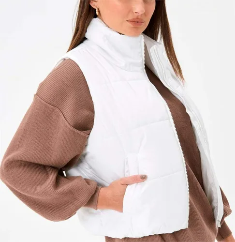 Miniatura 5 de VELISDE Chaleco corto acolchado para mujer, sin mangas, para invierno, cálido, ligero, cuello alto, con bolsillos