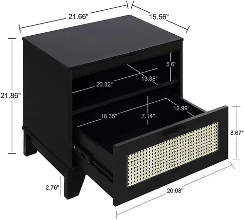 Miniatura 3 de Manhattan Comfort Sheridan Mesita de noche de caña con cajón de extensión completa y estante abierto, mesa auxiliar moderna de mediados de siglo