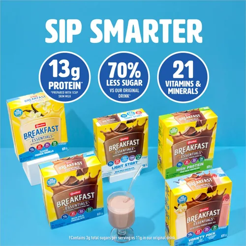 Miniatura 4 de Carnation Breakfast Essentials Polvo de bebida nutricional Light Start Sabor rico chocolate con leche, caja de 8 paquetes de 20 g (0,705 oz)