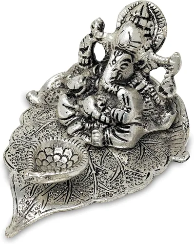 NOBILITY Ganesha de plata alemana en hoja estatua Ganesh ídolo con Diya para oficina en casa, Pooja Puja Diwali, artículos decorativos de regalo de