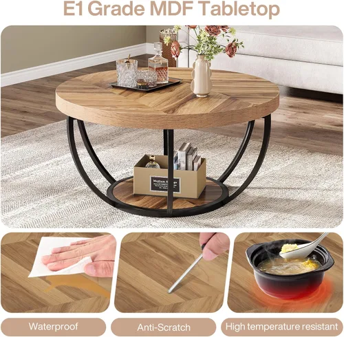 Miniatura 7 de Tribesigns Mesa auxiliar industrial redonda de 31.7 pulgadas con estantes de almacenamiento de 2 niveles, mesa central moderna de madera y metal