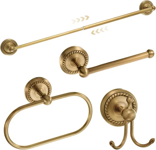 Juego de 4 Piezas de Accesorios de Baño de Latón Antiguo Dorado Montados en la Pared Toallero y Anillo para Toallas y Portapapel Higiénico y Gancho