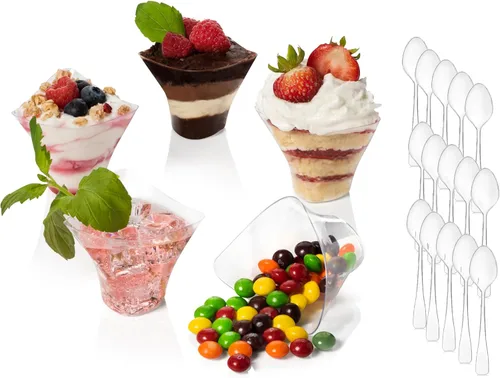 Miniatura 2 de Paquete de 96 mini vasos de postre de plástico triangular, 3.5 onzas con cucharas, vaso de plástico transparente con mini cuchara para postre