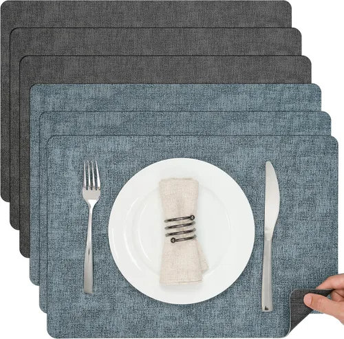Miniatura 51 de Myir JUN Juego de 6 manteles individuales de doble cara, de piel sintética, para interiores, para mesa de comedor, exteriores, cuadrados, Negro