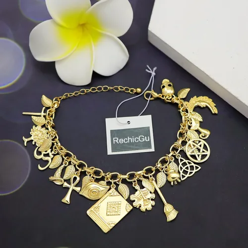 Miniatura 6 de RechicGu Mythology - Pulsera de cuento de hadas con dije de la suerte, diseño de gato celta con hoja de cruz y luna