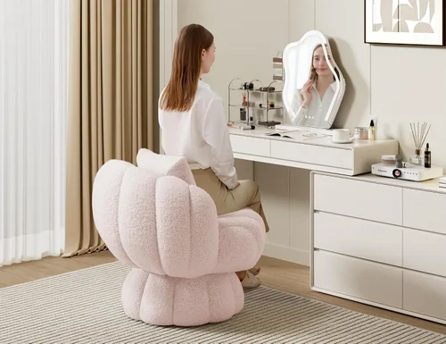 Miniatura 4 de Mistpople Silla de tocador giratoria de 360 grados estilo Mid Century Modern, con respaldo de barril, tapizada en tela Sherpa esponjosa, cómoda