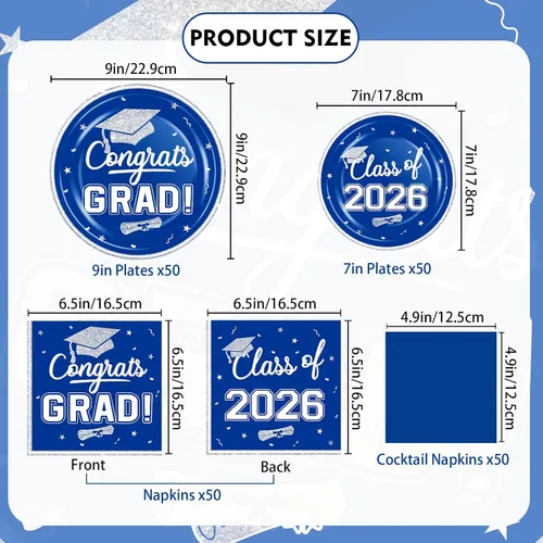 Miniatura 3 de OuMuaMua suministros de vajilla para fiesta de graduación 2026 - 200 piezas, platos y servilletas desechables azules y blancas para la decoración