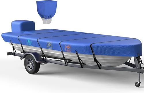 Miniatura 10 de Cubierta de barco Jon de 5 capas 1200D de 14 pies a 16 pies con cubierta de motor, 100% impermeable para remolques Jon Boat cubre 14-16 pies con 9+4