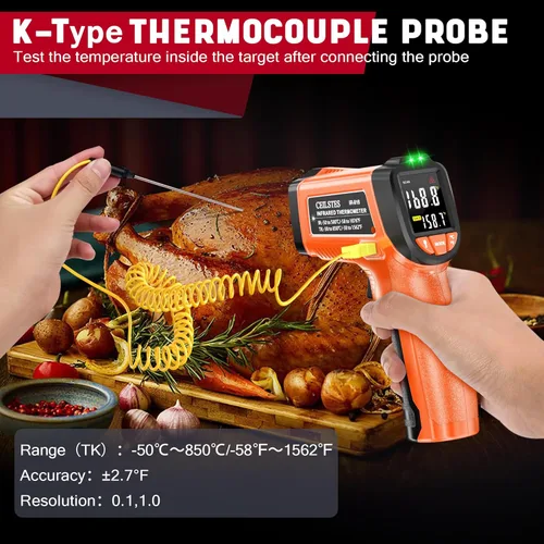 Miniatura 5 de Pistola de Termómetro Infrarrojo, Pistola de Temperatura Digital Láser sin Contacto, -58 °F a 1076 °F, Emisividad Ajustable y Valores Máx/Mín