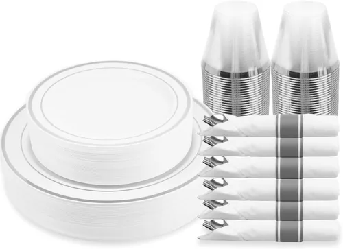 Miniatura 8 de M MCIRCO - Juego de vajilla dorada de 175 piezas, 50 platos de plástico, 25 tazas, 25 servilletas enrolladas con cubiertos de plástico, juego