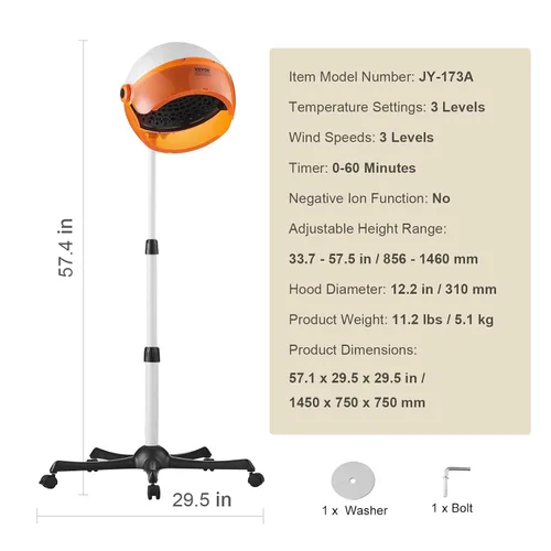 Miniatura 7 de VEVOR Secador de capó con capucha de 1875 W con velocidad variable, temperatura, temporizador y ruedas para salón de belleza y spa en casa Blanco