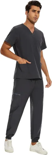 Miniatura 3 de COZYFIT Conjunto de ropa quirúrgica para hombre camiseta elástica con cuello en V y pantalón deportivo con 8 bolsillos, cintura de yoga, ropa