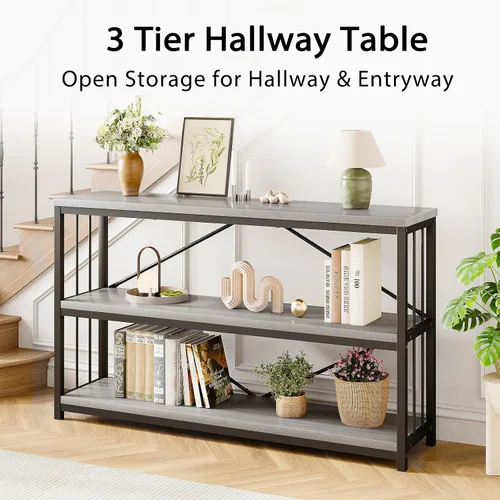 Miniatura 6 de LVB Mesa de Entrada Estilo Granja, Mesa Consola de Metal y Madera para Pasillo, Mesa de Sofá Rústica Industrial con Estante de Almacenamiento de 3