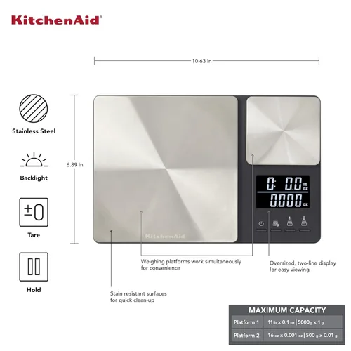 Miniatura 4 de KitchenAid KQ909 Báscula digital de cocina y alimentos de doble plataforma, capacidad de 11 libras y capacidad de precisión de 16 onzas, color negro