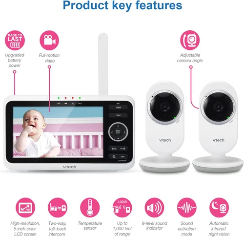 Miniatura 2 de VTech [Actualizado] Monitor de bebé VM350-2, pantalla de 5 pulgadas, 2 cámaras, rango de 1000 pies, visión nocturna, audio de 2 vías, canciones