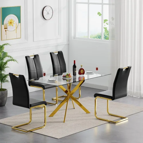 Miniatura 14 de Juego de mesa de comedor de cristal negro de 51 pulgadas para mesa de cocina de 4,5 piezas y sillas con patas de metal y 4 sillas de comedor de piel