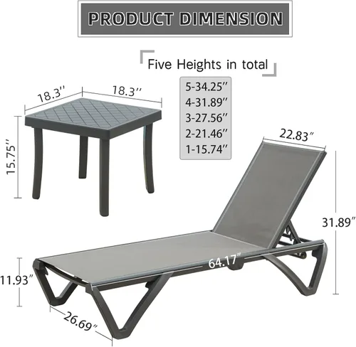 Miniatura 2 de Domi - Juego de 3 tumbonas para patio, sillas de aluminio de polipropileno para exteriores con 5 posiciones ajustables, mesa auxiliar para playa