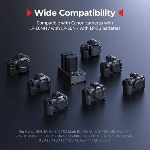 Miniatura 4 de SMALLRIG Juego de cargador de batería para cámara Canon LP-E6P, batería de 2520mAh, carga rápida de doble ranura, pantalla LCD para Canon EOS R6V