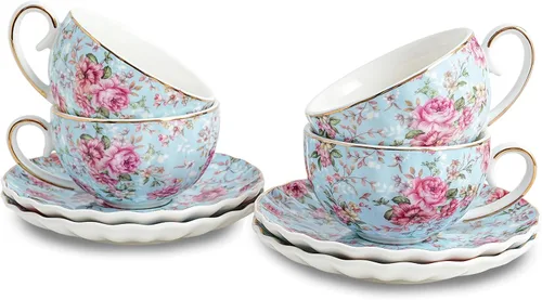 Agyiuns Taza de té y platillos, tazas de té floral de 6.4 onzas con borde dorado, taza de té de porcelana, tazas de café capuchino espresso con Azul