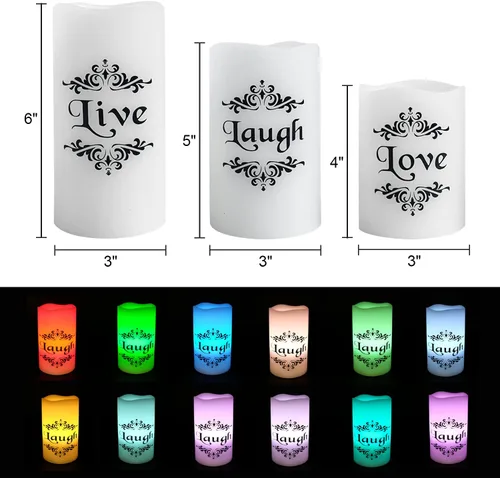 Miniatura 2 de Velas LED sin llama que cambian de color con control remoto de 18 teclas y temporizador, calcomanías de Live Love Laugh que funcionan