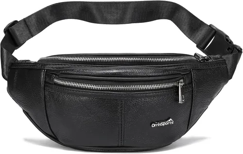 Riñonera de cuero negro para hombres y mujeres, bolsa de cintura de cuero genuino con correa ajustable para caminar, senderismo, ciclismo, C805#Negro