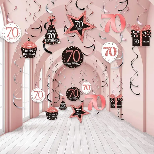 Miniatura 8 de Blulu Decoraciones de fiesta de cumpleaños número 21, pancartas de cumpleaños número 21, remolinos colgantes de oro rosa, decoraciones de techo