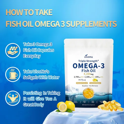 Miniatura 8 de VivoNu Aceite de pescado Omega 3 de triple fuerza, 4200 mg, 300 cápsulas blandas Recubrimiento entérico para no regusto a pescado capturado