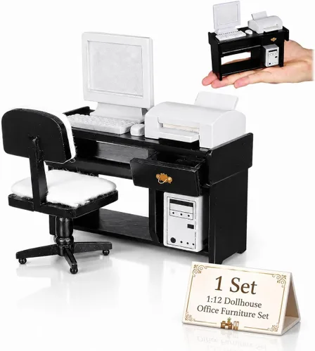 NUOBESTY Juego de muebles de oficina para casa de muñecas, silla de escritorio en miniatura, impresora de computadora, accesorios de teclado,