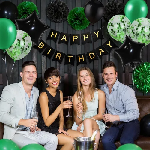 Miniatura 4 de Decoraciones de cumpleaños para hombres, suministros de decoración de fiesta verde y negro, incluyendo pancarta de feliz cumpleaños, confeti, globos