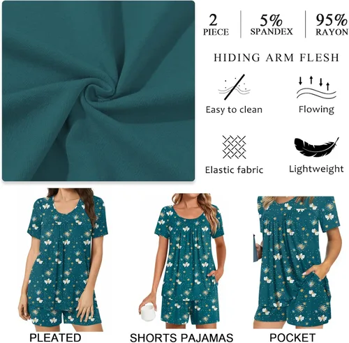 Miniatura 3 de POPYOUNG Conjunto de pijama de verano para mujer, manga corta, 2 piezas, ropa de dormir con bolsillos