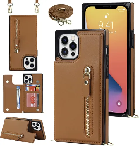 Miniatura 46 de Funda cruzada para teléfono iPhone 13 Pro Max de cuero con tarjetero, funda protectora extraíble, correa de cuero ajustable con botón, compatible