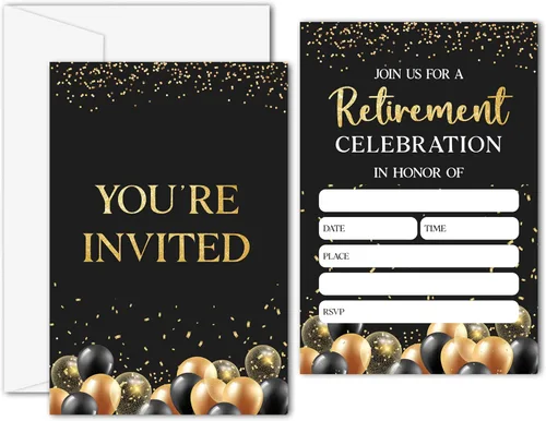 Miniatura 12 de Invitaciones para fiestas de jubilación, tarjetas de invitación de jubilación negras y doradas para hombres, mujeres, enfermeras, profesores