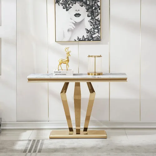 Miniatura 8 de Mesa consola moderna de cristal, mesa de sofá dorada de 55 pulgadas con marco de metal resistente y parte superior de vidrio templado negro