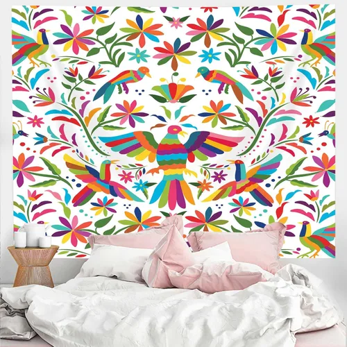Bzhilja Tapiz mexicano, tapiz tradicional mexicano con diseño de pájaro azul otomi, diseño brillante, flores de cachemira, tapiz de color étnico