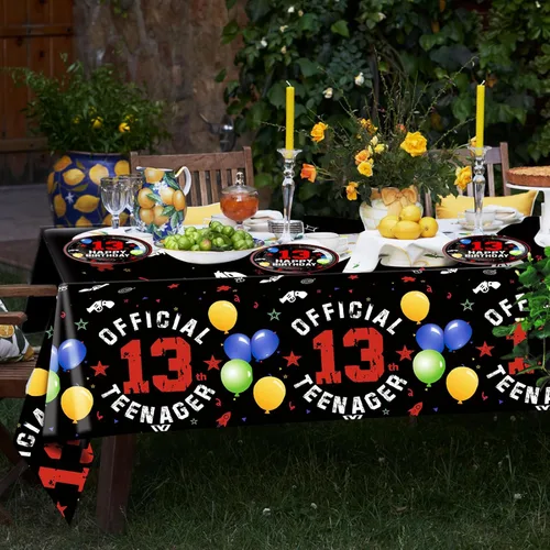 Miniatura 6 de Juego de 41 decoraciones para fiesta de cumpleaños número 13, color negro y rojo, incluye platos y servilletas, mantel para niños y niñas, dulce