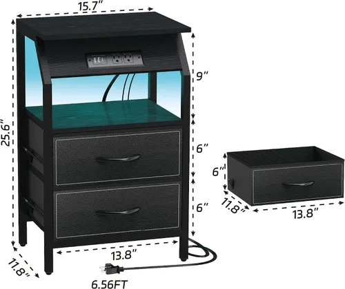 Miniatura 3 de SZLHANJZ Mesa auxiliar con luz, mesita de noche LED con 2 cajones y estación de carga tipo C, mesita de noche de tela pequeña para mesita de noche