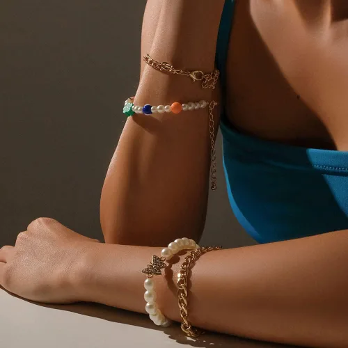 Miniatura 3 de VIEWLAP Juego de pulseras bohemias de cadena dorada con múltiples capas apilables para mujeres y niñas, juego de pulseras de cuentas de perlas