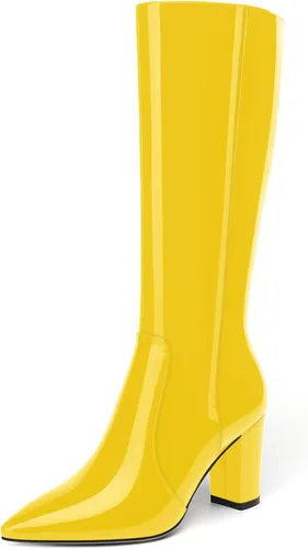 Miniatura 43 de AMBELIGHT Botas altas hasta la rodilla con cremallera y puntera puntiaguda para mujer, de patente sólida, tacón alto, 3.3 pulgadas