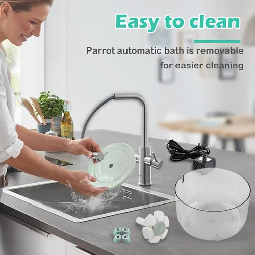 Miniatura 5 de Baño Automático para Pájaros, Bañera de Loro con Fuente de Pétalos Filtro Circulante Jaula Baño de Pájaros Ducha Cacatúa Baño de Pájaros