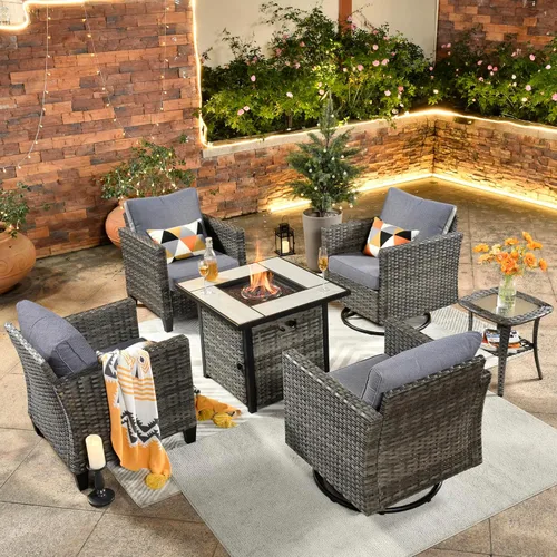 Miniatura 41 de ovios Juego de muebles de patio de 6 piezas, sillas giratorias de mimbre para exteriores con mesa para fogatas de 30 pulgadas, juego de mecedoras