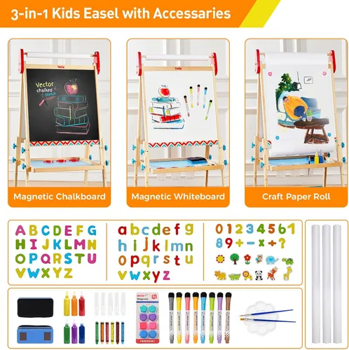 Miniatura 3 de FUNLIO Caballete de Arte Anti-Deformación para Niños, 3 Alturas Ajustables para Niños de 2 a 8 Años, Caballete Todo-en-Uno para Niños Pequeños