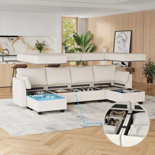 Miniatura 5 de Huatean Home Sofá Seccional Modular de 114.17", Sofá Modular de 6 Asientos con Almacenamiento, Espuma Viscoelástica, Sofás Seccionales Convertibles