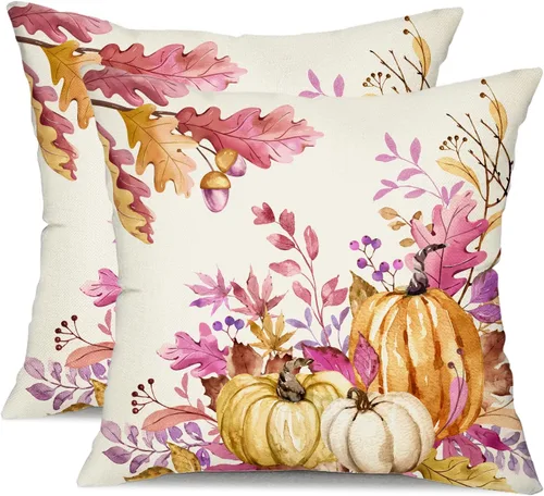 Miniatura 10 de DFXSZ Fundas de almohada de otoño de 16 x 16 pulgadas, juego de 2 fundas decorativas de otoño de hojas caídas de calabaza en acuarela azul y verde