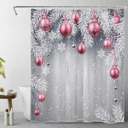 Miniatura 12 de LB Pink Christmas Shower Curtain Sets with Rugs Snowflake and Fir Twigs with Xmas Ball on Rustic Grey Wood Fabric Shower Curtain with Hooks Winter