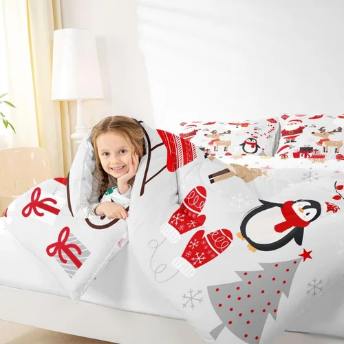 Miniatura 4 de Erosebridal Lindo juego de edredón de pingüino de dibujos animados, ropa de cama de Feliz Navidad, tamaño individual, regalos de Papá Noel