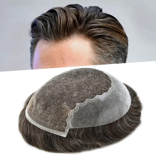 Miniatura 40 de Toupee para hombres pieza de pelo suave suizo encaje real sistema de cabello humano reemplazo blanqueado nudo mens tupé sistema de pelo para hombres