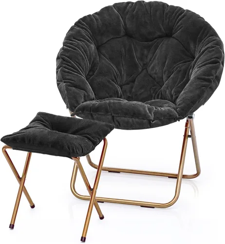 MoNiBloom Silla redonda plegable de piel sintética para dormitorio, sala de estar, dormitorio, marco de metal plegable, de gran tamaño, cómoda, Negro